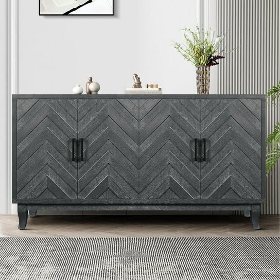 Lacquered Taupe Grey Wooden Storage Cabinet With 4 Doors And Practical Design Accent Thickened Stand For Living Room,