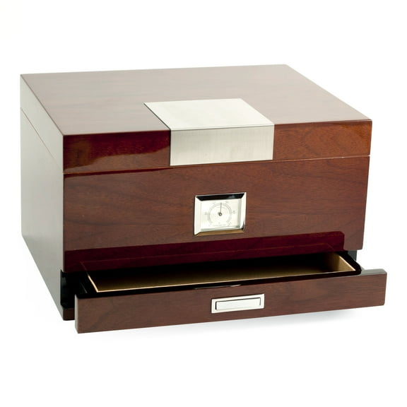 Lacquered "Walnut" Wood 60 Cigar Humidor with Spanish Cedar Lining and Accessory Drawer. Includes Humidistat and External Hygrometer.