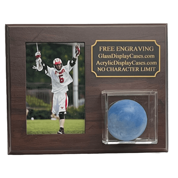 Lacrosse Ball & 4x6 Photo Display Case Plaque - Wall Mount - Cherry Finish Personalized - Engraved