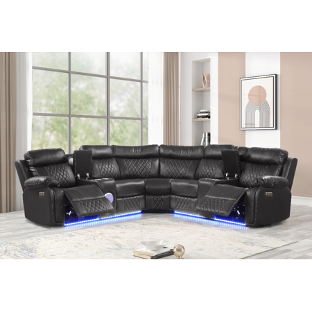 Lacrosse Modern Style Power Recliner Sectional with Bluetooth Speaker & LED (Gray, NJ Inventory) - For Small Spaces & Family Relaxation