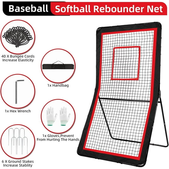 Lacrosse Rebounder, 4x7ft Green/Red Volleyball Rebounder Net with 5 Adjust Angles for Baseball & Lacrosse Training
