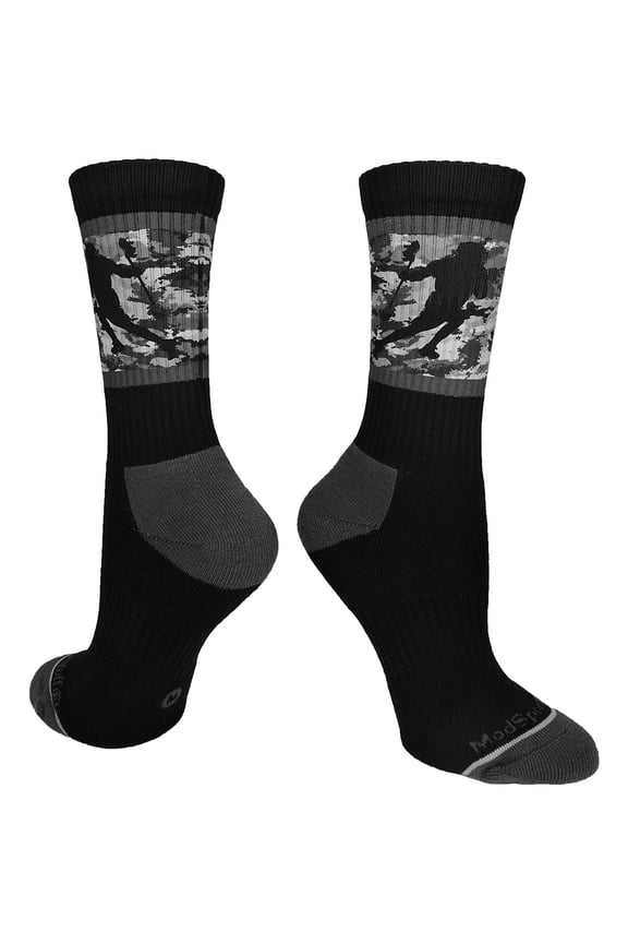 Lacrosse Socks with Player on Camo Background Crew Socks (Black/Graphite, Medium)