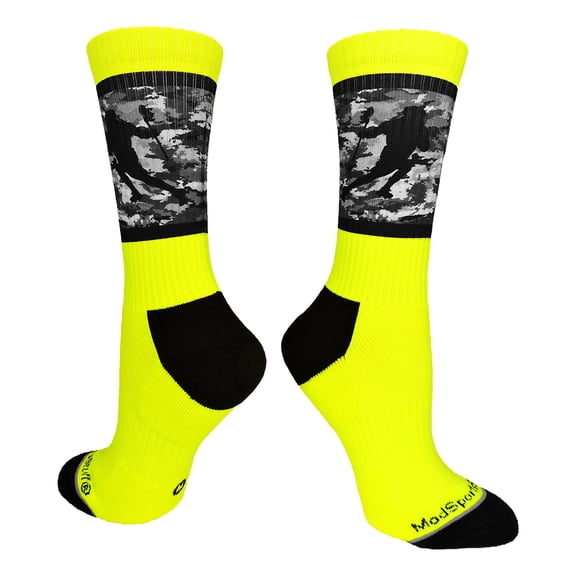 Lacrosse Socks with Player on Camo Background Crew Socks (Neon Yellow/Black, Large)
