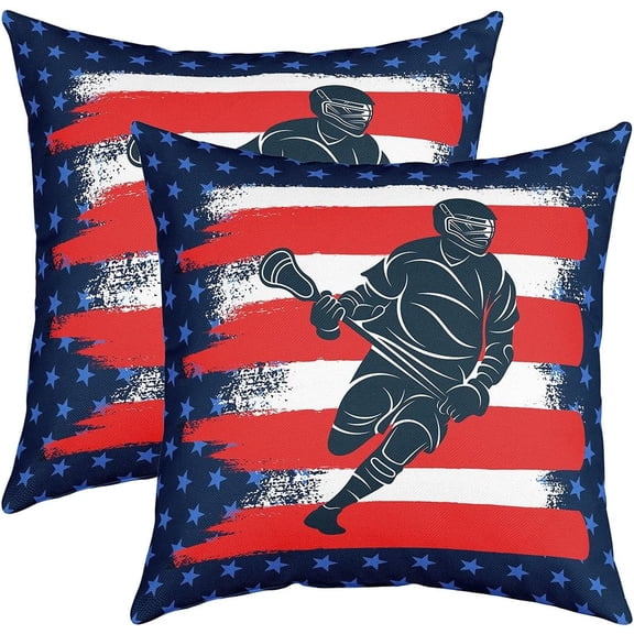 Lacrosse Throw Pillow Covers 16"x16" Set of 2 Soft Sports Games Cushion Covers for for Couch Sofa Hockey Player Decorative Puck Hockey Blue Red White Star Pillowcases Outdoor Pillows Covers