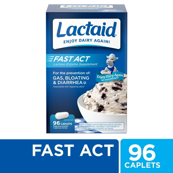 Lactaid Fast Act Lactose Intolerance Caplets, 96 Travel Packs of 1 Count.