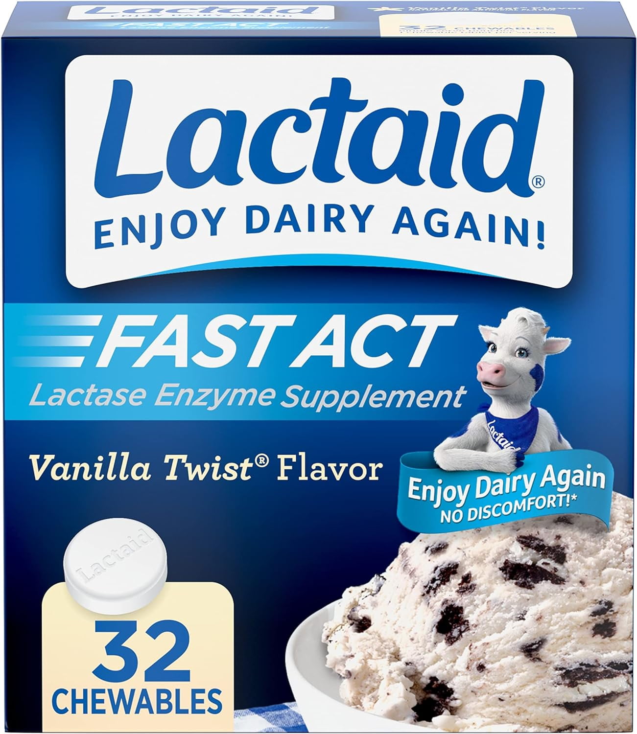 Lactaid Fast Act Lactose Intolerance Chewables with Enzymes, Vanilla Twist, 32 Count