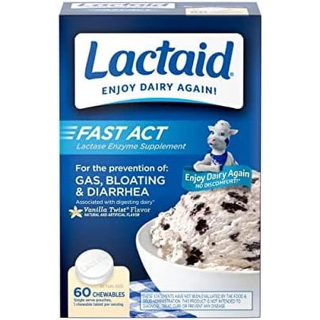 Lactaid Fast Act Lactose Intolerance Chewables with Lactase Enzymes, Vanilla, 60 Count (Pack of 1)