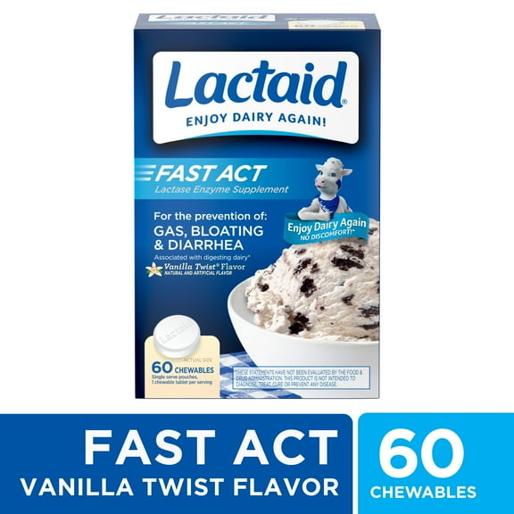 Lactaid Fast Act Lactose Relief Chewables, Vanilla, 60 Packs of 1 Count