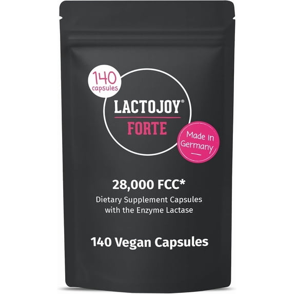 LactoJoy Forte 28,000 FCC - Lactase Capsules with Sustained Enzyme Activity for Up to 6 Hours - 140 Vegan Capsules Refill Pack - Fast-Acting Long-Lasting Lactase - No Additives - Made in Germany