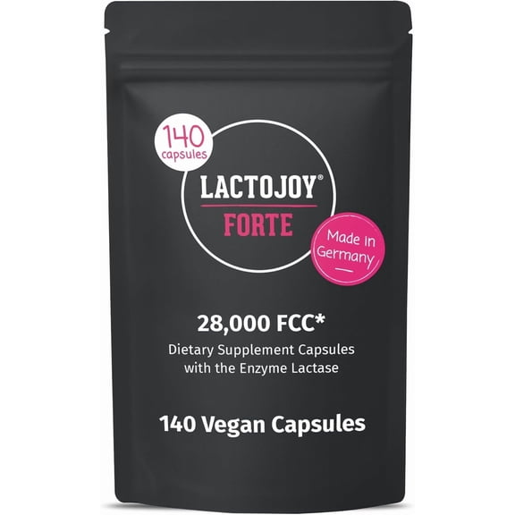 LactoJoy Forte 28,000 FCC - Lactase Capsules with Sustained Enzyme Activity for Up to 6 Hours - 140 Vegan Capsules Refill Pack - Fast-Acting Long-Lasting Lactase - No Additives - Made in Germany
