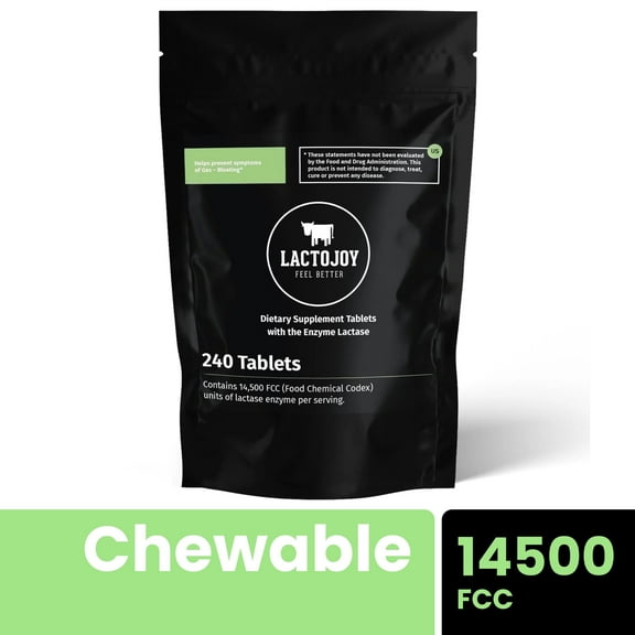 LactoJoy Lactose Intolerance Pills - 240 Chewable Tablets with 14500 FCC Powerful Digestive Enzyme, Fast Acting Digestive Support for Dairy Sensitivity | Vegan, Natural and Easy-to-Swallow