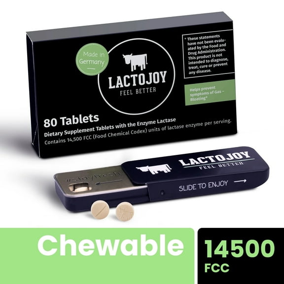 LactoJoy Lactose Intolerance Pills - 80 Chewable Tablets with 14500 FCC Powerful Digestive Enzyme, Fast Acting Digestive Support for Dairy Sensitivity | Vegan, Natural and Easy-to-Swallow