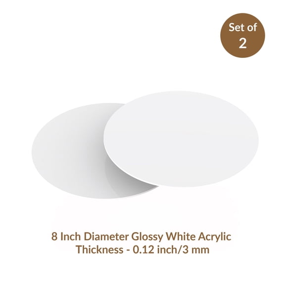 Lacupella 8 Inch White Glossy Acrylic Round Disk Set of 2 - 1/8 or 0.12 inch thickness for Cake Serving, Reusable Board, and Art & Craft
