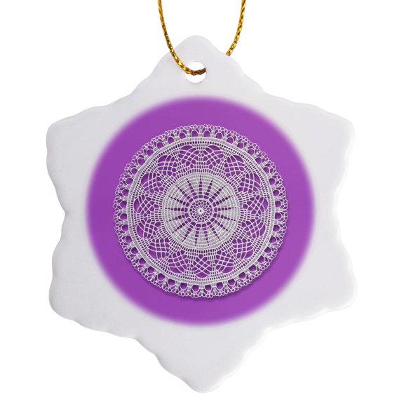 3drose, Lacy White Doily Design over Lavender Background, 3 inch Snowflake Porcelain Ornament