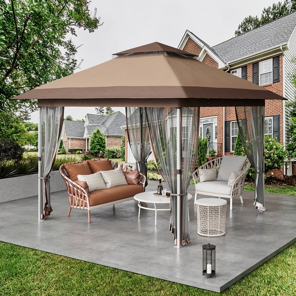 Ladcaser 10'x10' Gazebo Outdoor Pop up Canopy Tent with Curtains and 100 Square Shelter for Patio, Backyard Party, with Mosquito Netting, 2-Tiered Vented Top