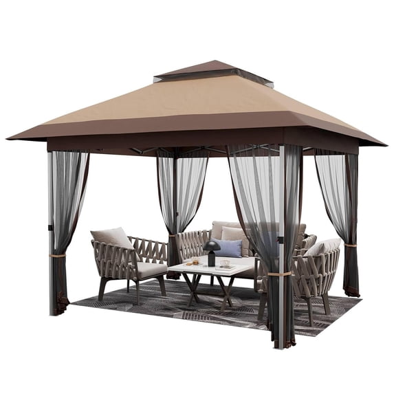 Ladcaser 12'x12' Softtop Gazebo, Outdoor PopUp Gazebo with Mosquito Netting, Party Tent & Shelter with Double Roofs for Gardens, Patios, Lawns