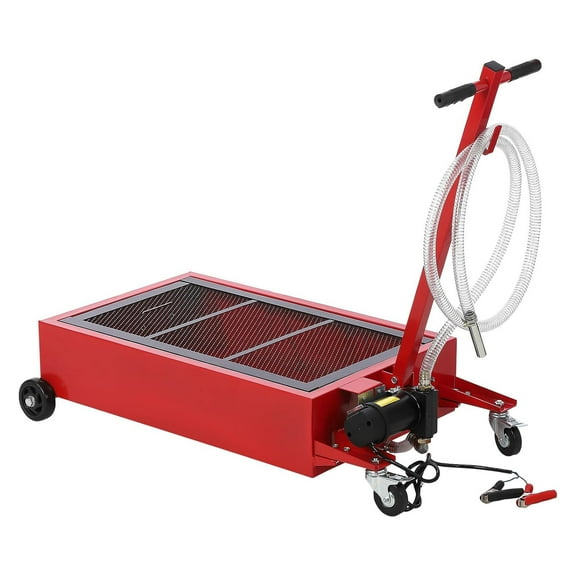 Ladcaser 20 Gallon Metal Oil Drain Pan Tank with 12V Electric Pump, T Foldable Hand and Wheels, 7.5FT Hose, Red