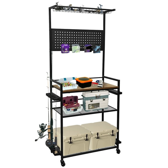 Ladcaser 3-Tier Fishing Rod Holder Rack Rolling Fishing Pole Holders with Pegboard & Hooks for 12 Rods, Portable Fishing Tackle Storage for Garage, Black
