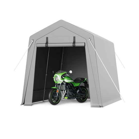 Ladcaser 7'x10' Outdoor Carport Storage Shed Portable Garage Shelter Storage Shelter with Rolled up Zipper Door for Patio Furniture, Lawn Mower & Bike Storage, Gray
