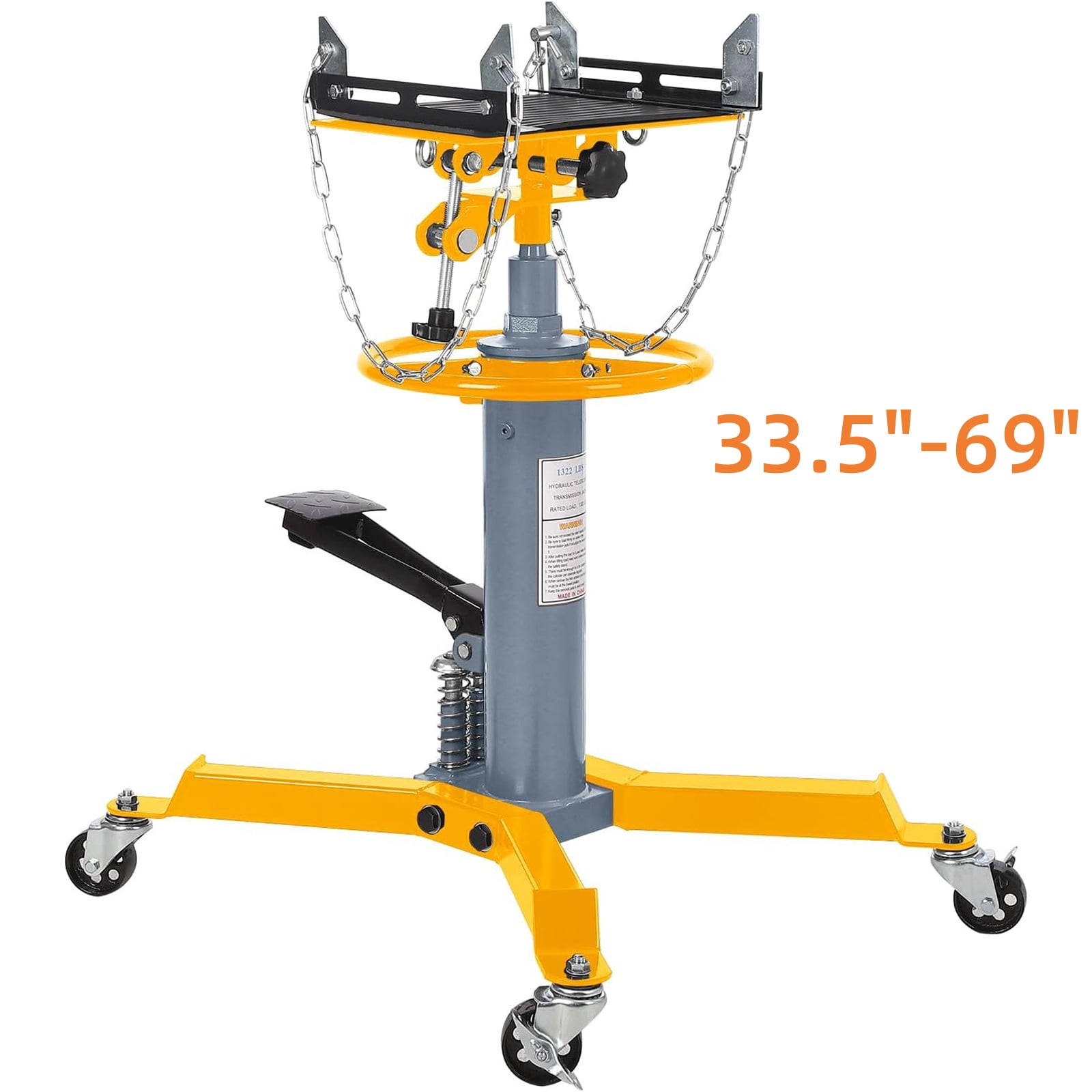 Ladcaser Dual Plunger Hydraulic Transmission Jack 1322lbs Capacity, 33.5"-69" High Lift 2-Stage Hydraulic Telescoping Jack, Trans Jack Stand with 8MM Non-Slip Pad, Foot Pedal & Swivel Wheel
