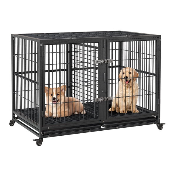 Ladcaser Heavy Duty Dog Crate 47 Inches Large Metal Dog Kennel with Flexible Divider, 2 Door Pet Cage with Removable Tray and Wheels for Small Medium Large Pets