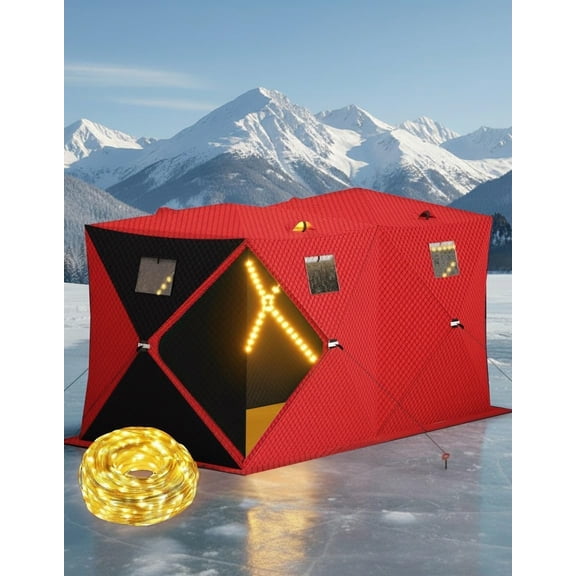 Ladcaser Pop Up Ice Fishing Shelter and Insulated Ice Fishing Tent with 49ft LED Light Strip, Windproof Portable Hub Design, Fits 1-7 People Fishable Area