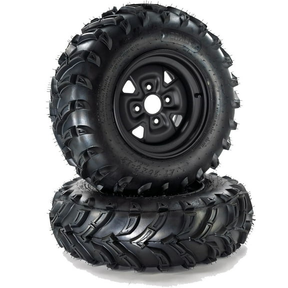 Ladcaser Set of 2 25x8-12 ATV Tires 6 Ply All-Terrain Tire with 12" Rim, 4 Lug Hole, PCD 4x136mm, 3.5+2.5 Offset for ATV UTV Trail Off-Road Mud Sand Terrain