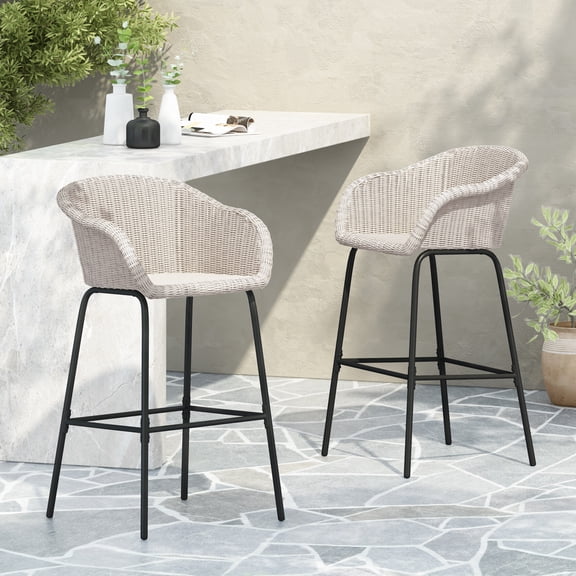 Ladd Outdoor Metal Wicker Barstool, Light Gray Faux Rattan with Black Iron Frame, 29.5-Inch Height, Set of 2 for Patio, Deck or Bar Counters