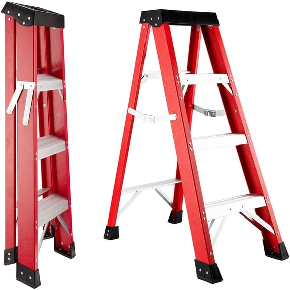 Lightweight Aluminum Step Stool, Portable 3 Step Ladder, Ladder for Home Use with Top Tool Slot and Anti-Slip, Fiberglass Electrical Engineering and Construction Insulation Single-Sided Ladders, Red