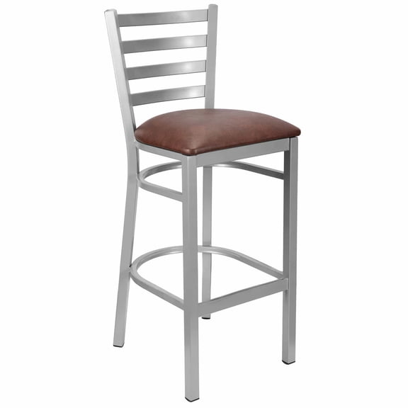 Ladder Back Bar Stool with Silver Frame and Brown Vinyl Seat by Chivari