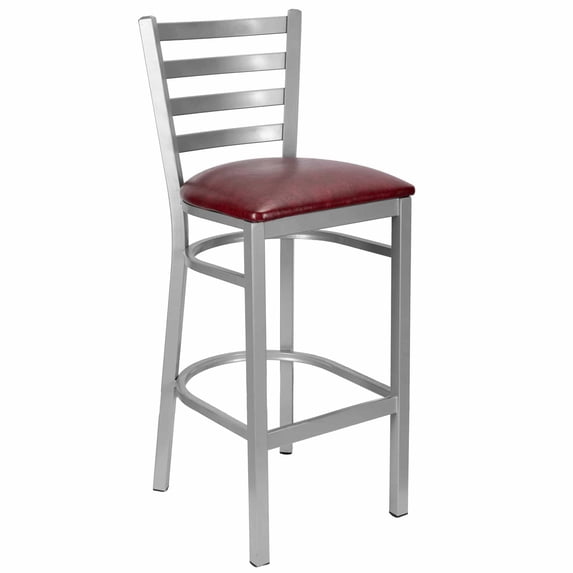 Ladder Back Bar Stool with Silver Frame and Burgundy Vinyl Seat by Chivari
