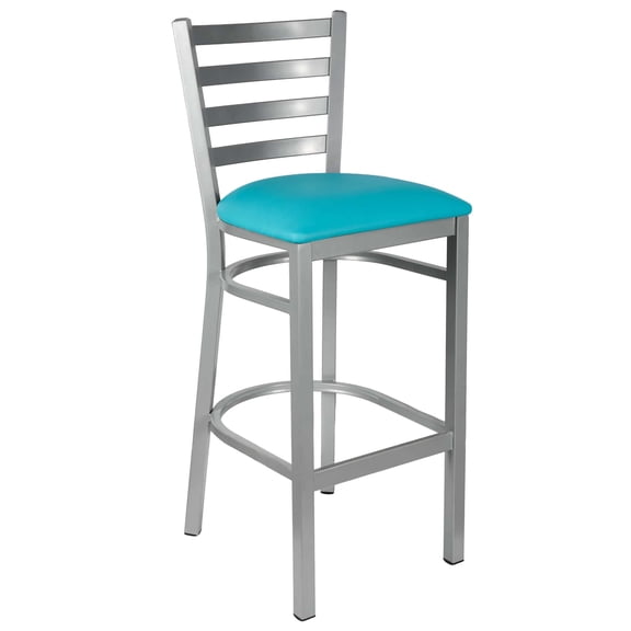Ladder Back Bar Stool with Silver Frame and Light Blue Vinyl Seat by Chivari