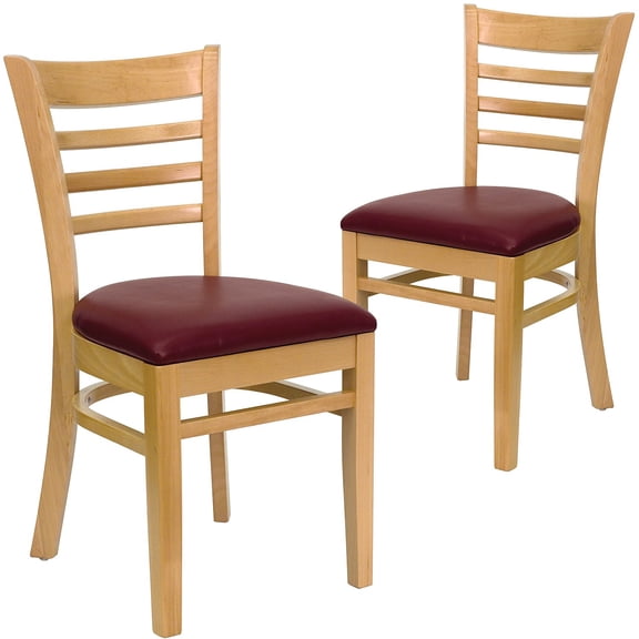 Ladder Back Chairs - Set of 2, Natural / Burgundy Vinyl Seat