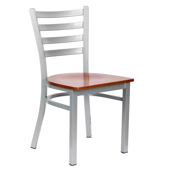 Ladder Back Restaurant Chair with Silver Frame and Cherry Wood Seat by Chivari