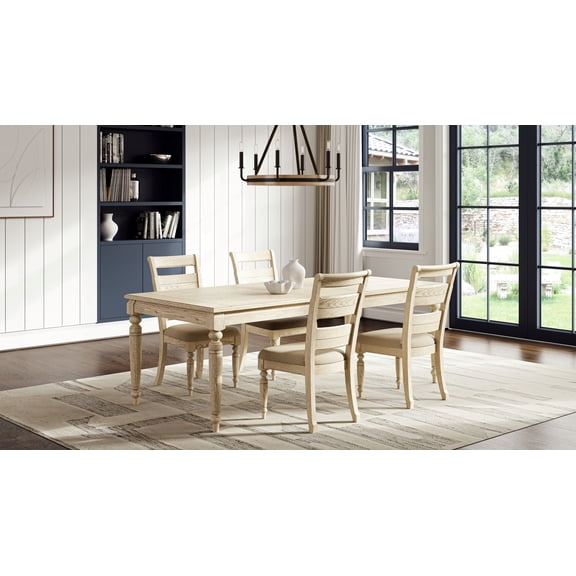 Set of 2 Ladder Back Side Chairs in Whitewash Finish, Solid Wood Dining Room Furniture with Padded Taupe Seat, Rustic Farmhouse Style, 19.5"W x 17.5"D x 38.25"H