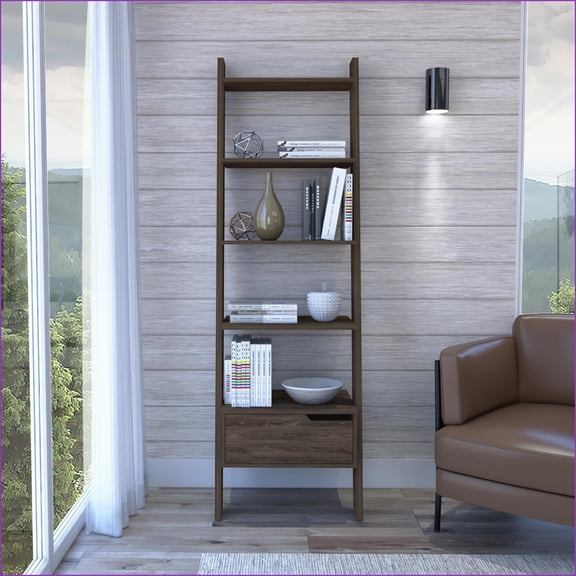 Ladder Bookcase, Modern Walnut Brown, 5 Open Shelves, 1 Drawer, Wall Mounted | Brown | Particle Board