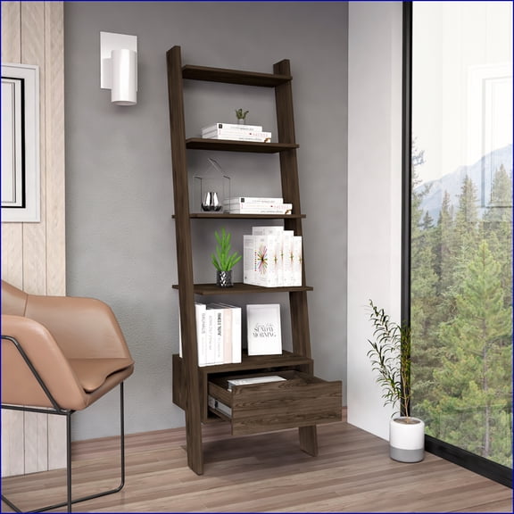 Ladder Bookcase with 1 Drawer, 5 Open Shelves, Walnut Brown Finish | Walnut | Particle Board