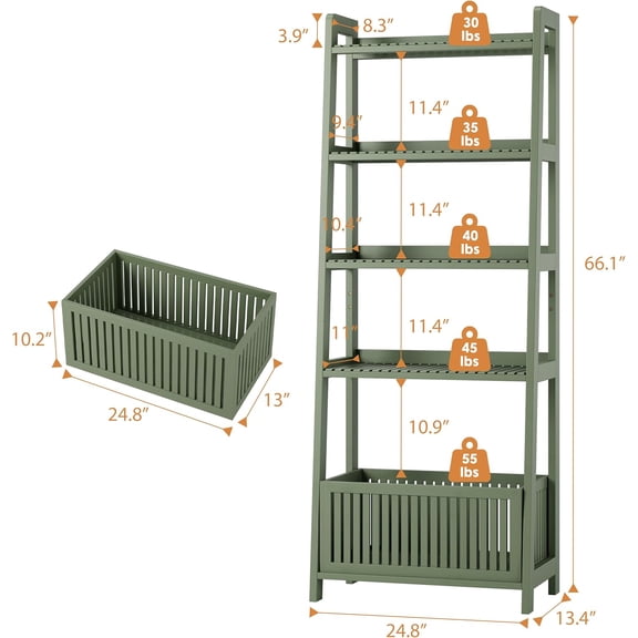 Ladder Bookcase with 4 Shelves and Storage Basket, 66 Inch Tall Forest Green Organizer for Home Office