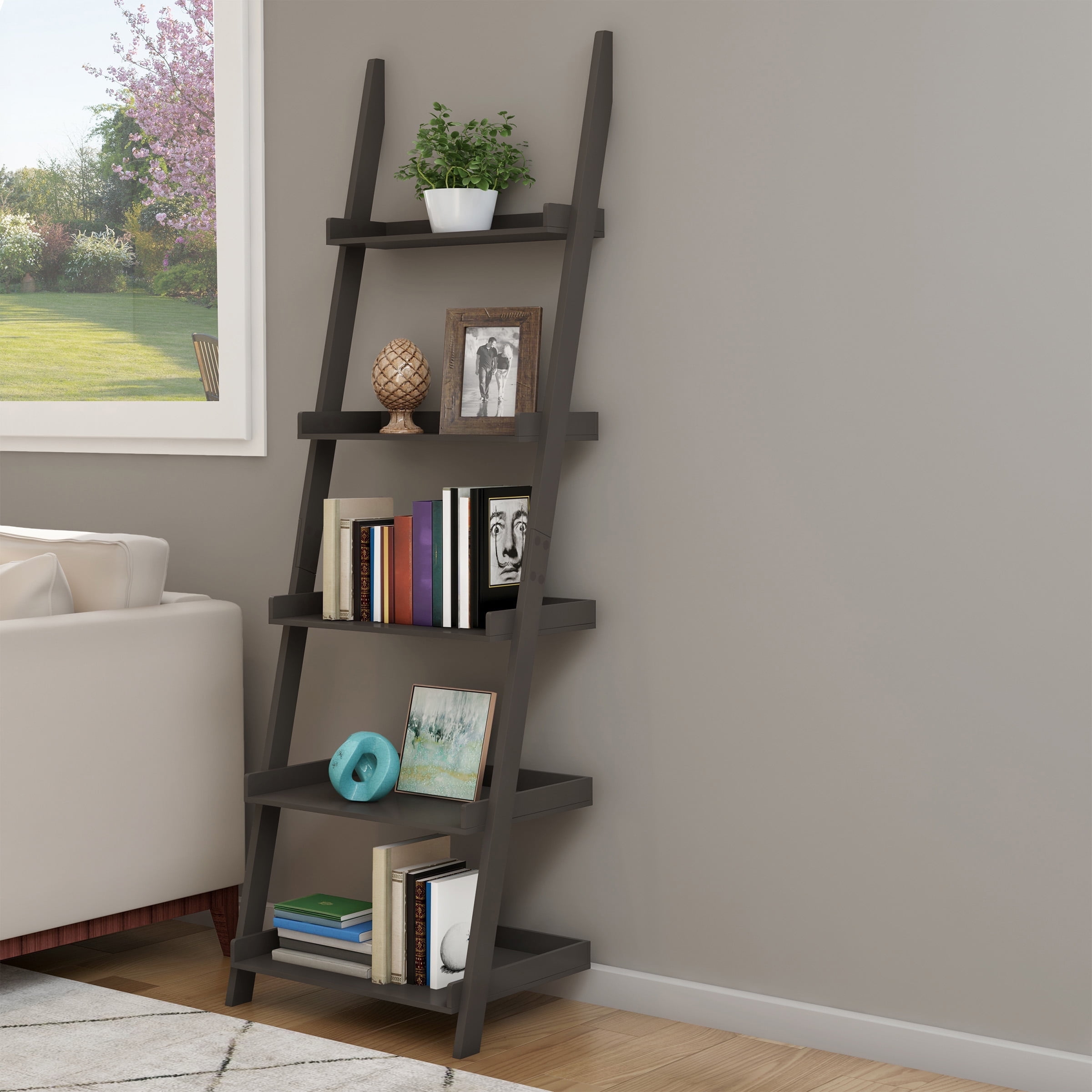 Gray 5-Tier Ladder Bookshelf for Decorative Display