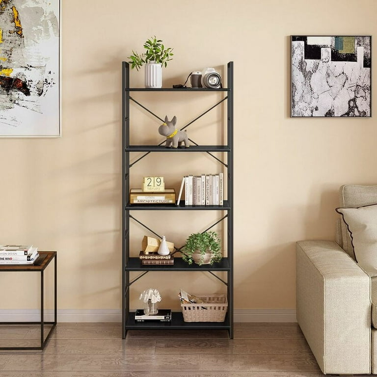 Ladder Bookshelf, 5 Tier Shelf Storage Organizer, Modern Book Shelf with  Metal Frame for Bedroom, Living Room and Home Office, Black