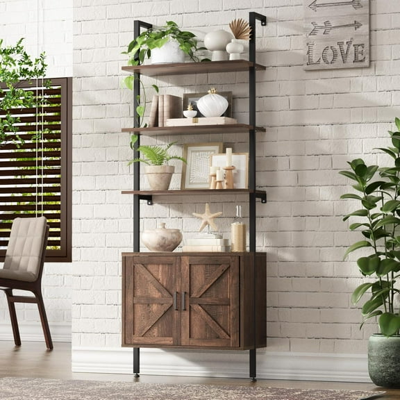 Ladder Bookshelf with Cabinet, 6 Tier Wall Mount Ladder Bookcase with Farmhouse Cabinet, Tall Open Ladder Shelf with Metal Frame for Living Room, Bathroom, Home Office, Rustic Brown