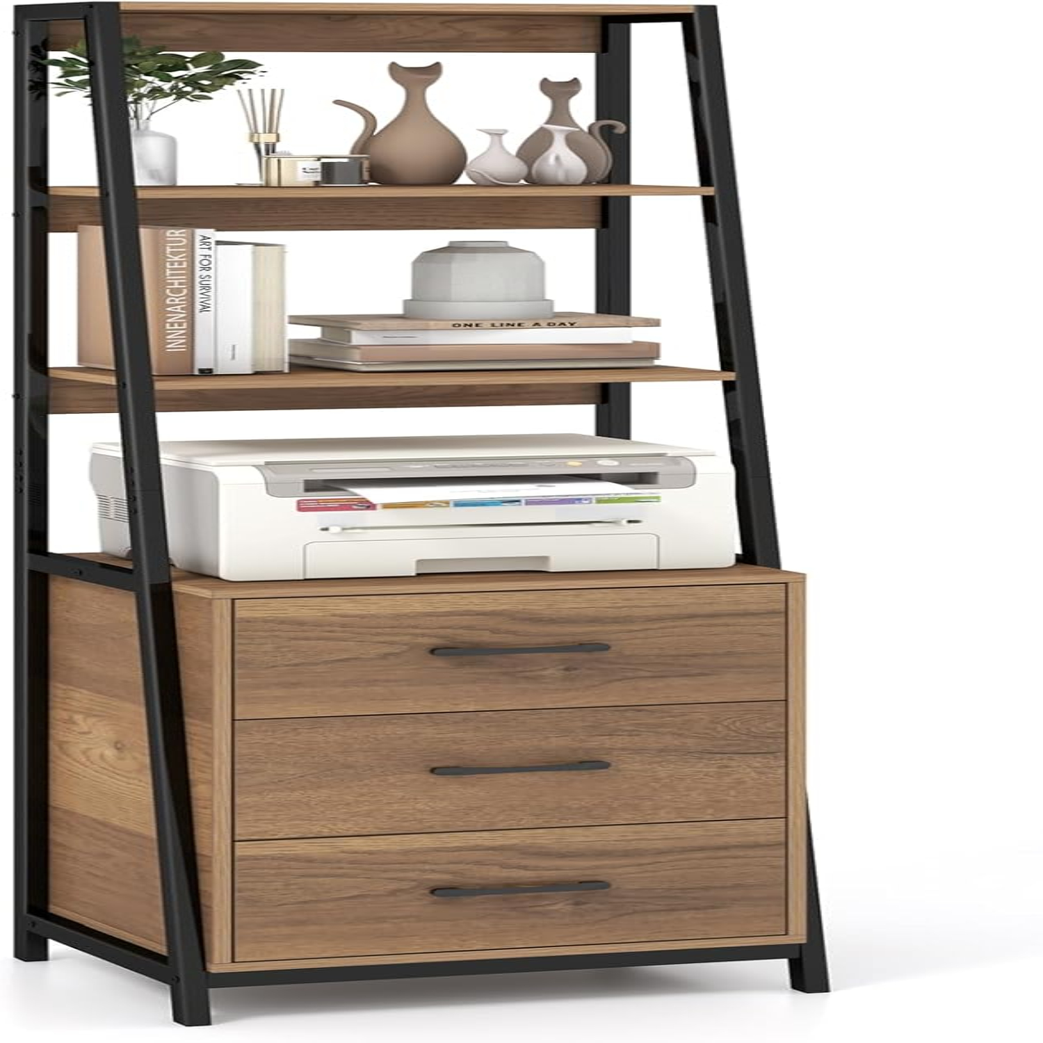 Ladder Bookshelf with Drawers 69" Tall Wooden Bookcase with 4 Shelves