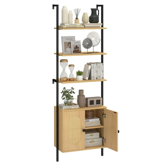 Ladder Bookshelf with Rattan Cabinet 71" Tall Wall Mounted Bookcase Natural