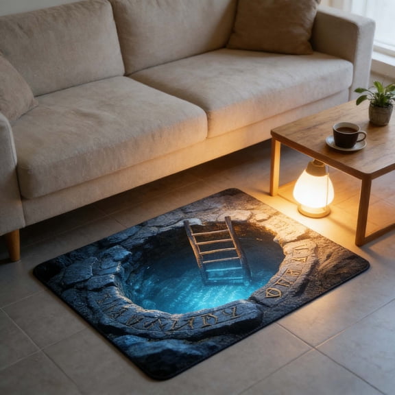 Ladder in Deep Well 3D Illusion Rug, 16x24 Inch Optical Illusion Doormat, Adventure Theme Floor Mat with Non-Slip Backing for Living Room, Game Room, Man Cave, Novelty Decor