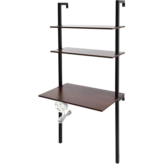 Ladder Desk, 3-Tier Industrial Wall Mount Ladder, 2-Shelf Wall Mount Computer Writing Table, Power Strip, 110.23lbs (First Tier) & 22.05lbs Load-Bearing Capacity (Black, Brown, 30x20x72.8in)