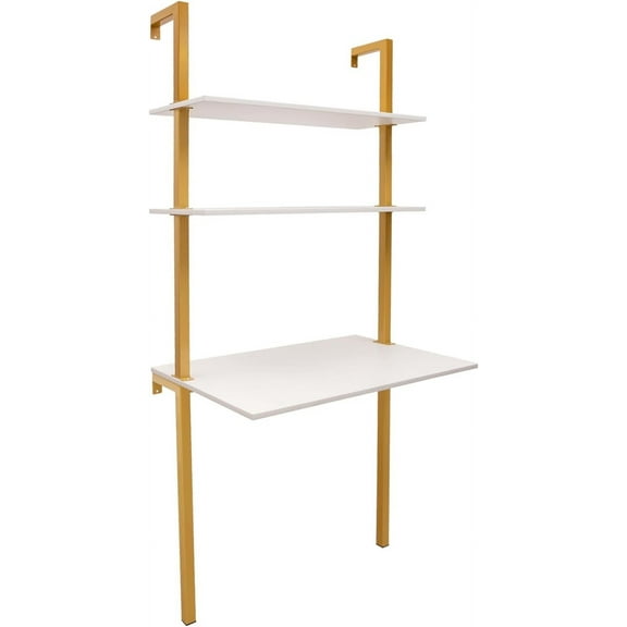 Ladder Desk, 3-Tier Industrial Wall Mount Ladder, 2-Shelf Wall Mount Computer Writing Table, Power Strip, 110.23lbs (First Tier) & 22.05lbs Load-Bearing Capacity (Gold, White, 30x20x72.8in)