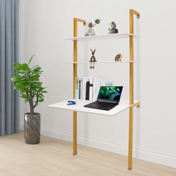 Ladder Desk 30x20 inches Wall Mounted Computer Desk Solid Wood Laptop Storage Table with Shelves Power Strip