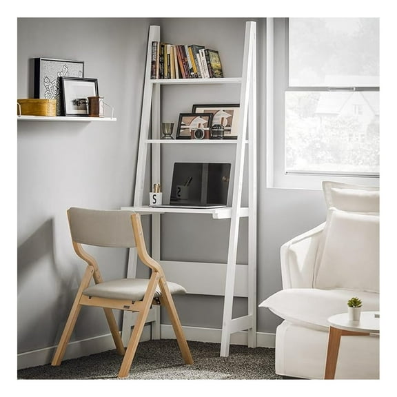 Ladder Desk with Shelves, Wall Desk for Small Space, White Secretary Desk Workstation, Freestanding Bookshelf - Modern Home Office Furniture