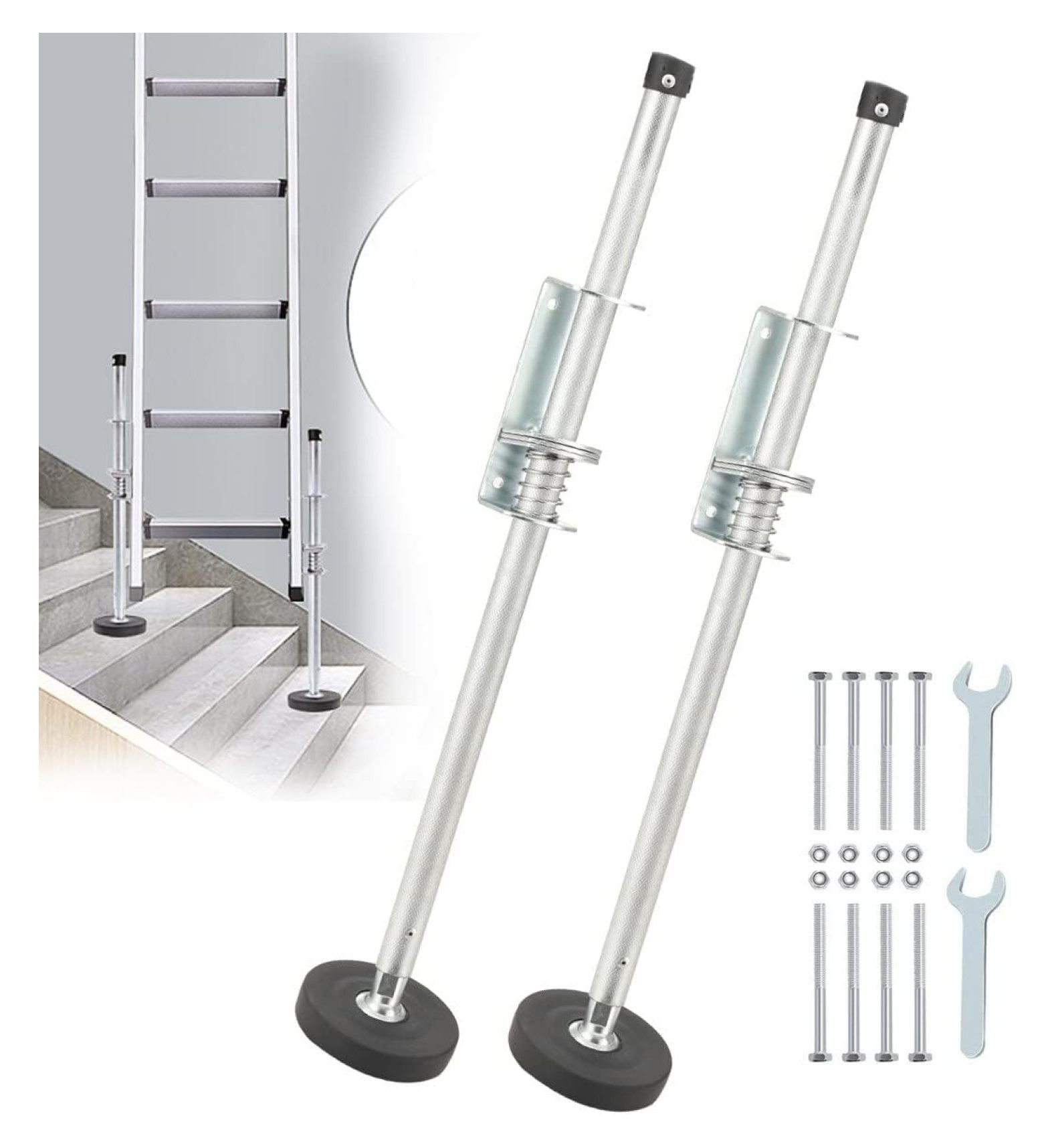 Ladder Leveler Pair with Engraved AntiSlip Pattern Steel Pole, Adjustable Extension Ladder Leg
