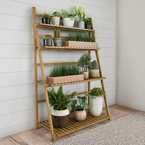 Ladder Plant Stand 4 Tier Storage Rack Bamboo Storage Shelf Indoor Patio